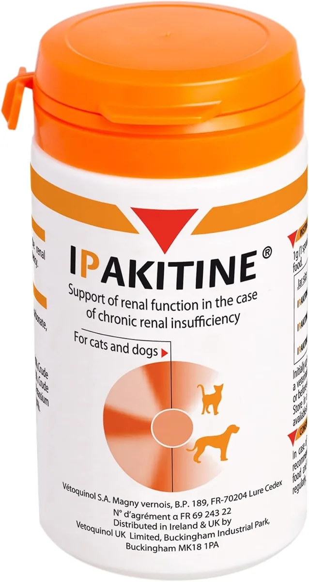 Dose Ipakitine mit orangem Deckel, englischsprachiges Etikett „Support of renal function in the case of chronic renal insufficiency“, für Katzen und Hunde
