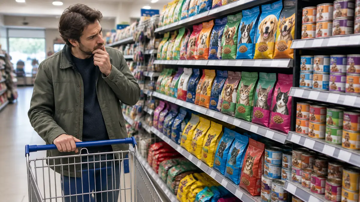 Ratloser Kunde vor einem Supermarktregal voller Hunde- und Katzenfutter verschiedener Hersteller