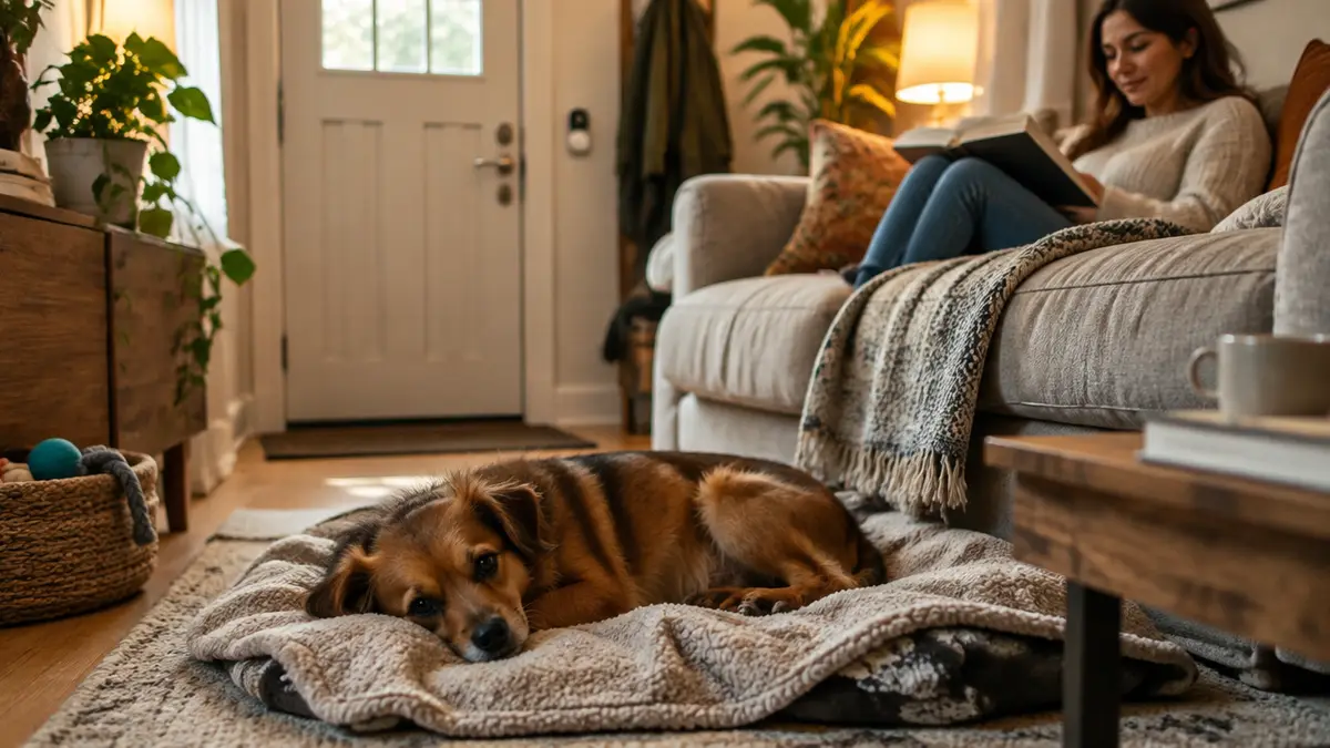 Hund liegt entspannt auf seiner Decke im Wohnzimmer, im Hintergrund die Haustür