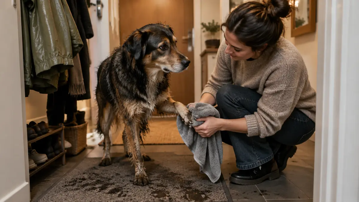Halterin trocknet die matschigen Pfoten ihres Hundes im Flur mit einem Mikrofaserhandtuch