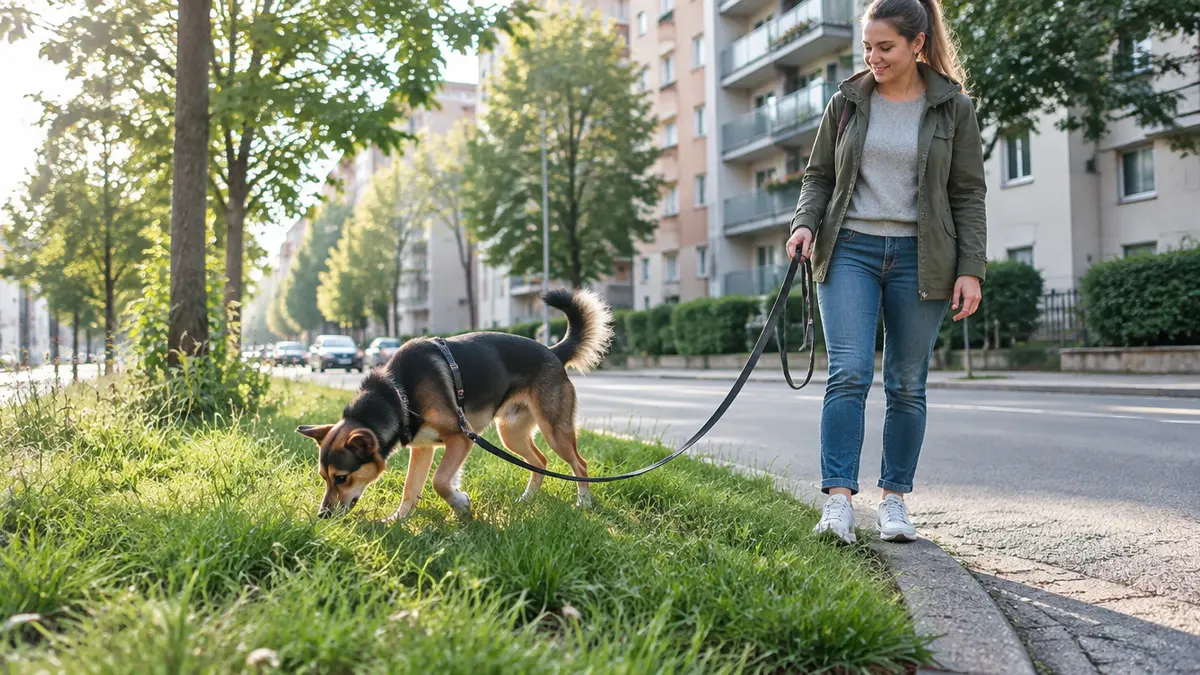 Hund schnüffelt an einer Grasinsel in der Stadt, Halterin mit lockerer Schleppleine daneben