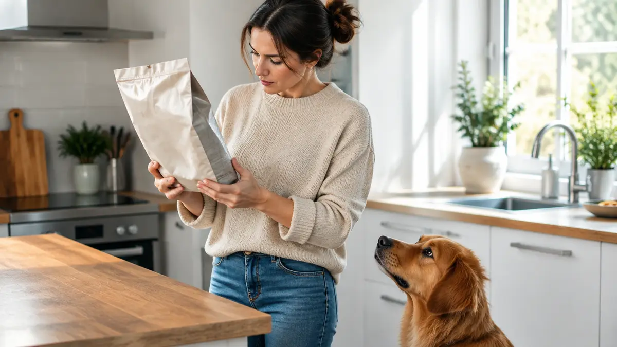 Frau liest in der Küche die Rückseite eines Hundefuttersacks, neben ihr sitzt ein Golden Retriever