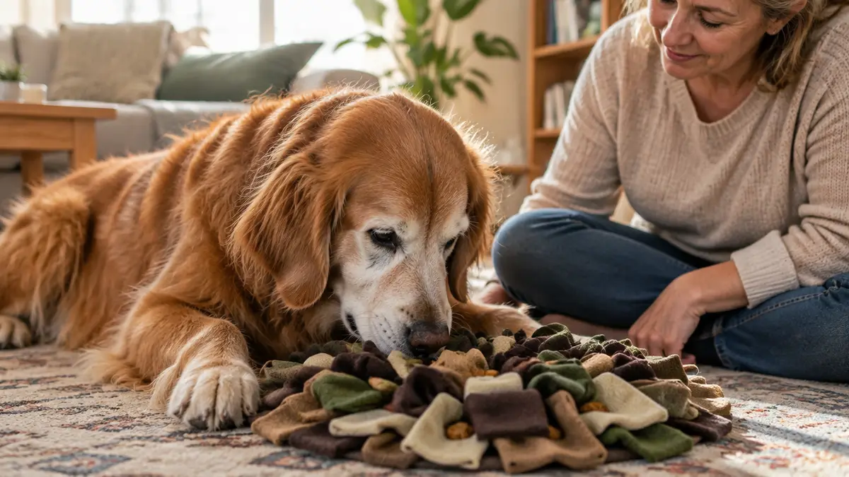 Älterer Golden Retriever mit grauer Schnauze schnüffelt entspannt an einer Schnüffelmatte