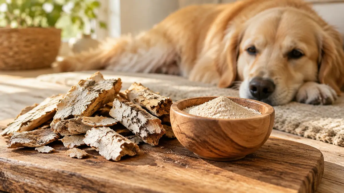 Getrocknete Rotulmenrinde als Stücke und Pulver auf einem Holzbrett, im Hintergrund ein ruhig liegender Hund