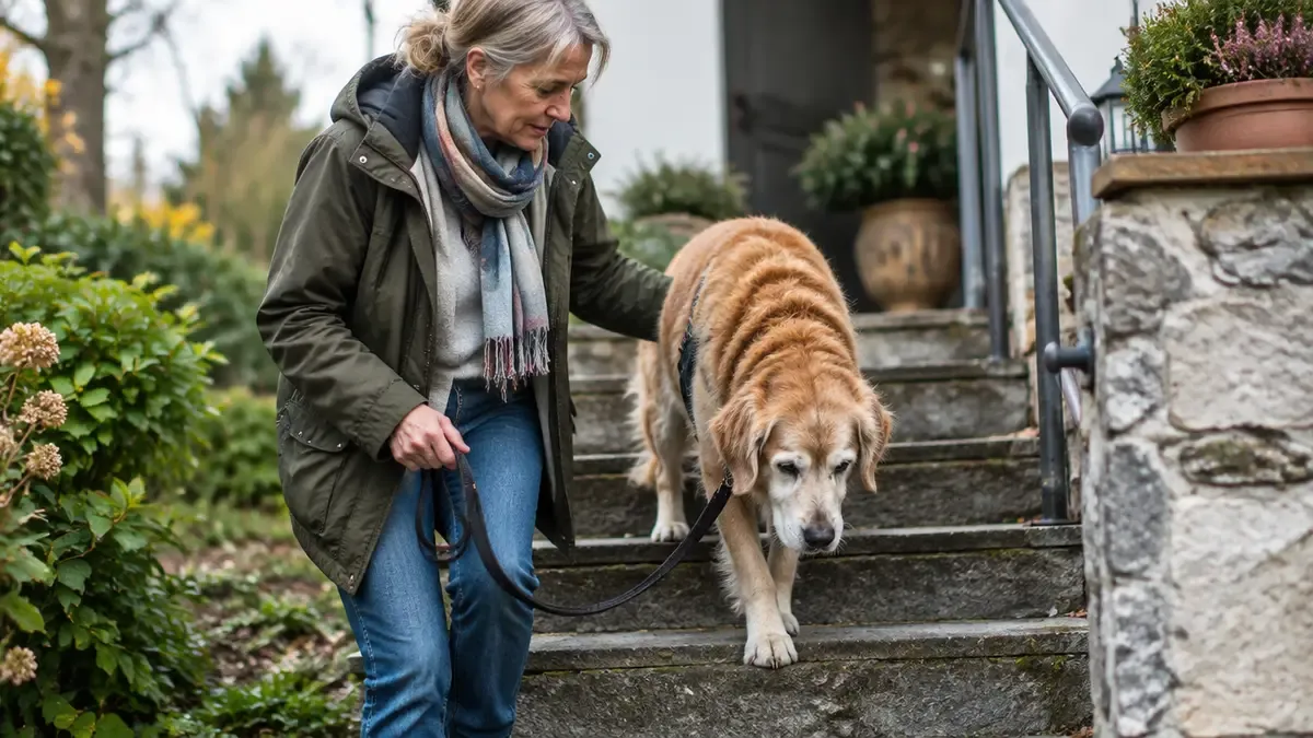 Älterer Hund steigt eine Treppe hinauf (Illustration)