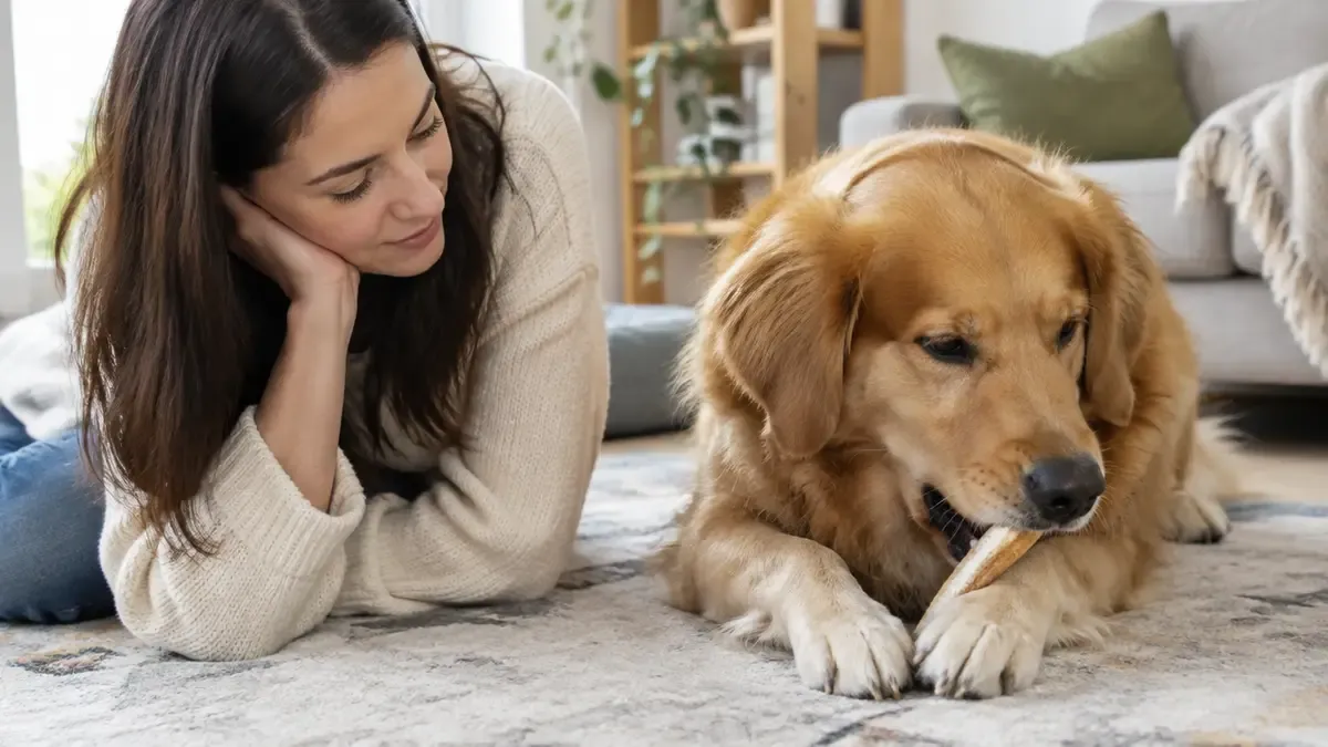 Hund kaut unter Aufsicht einer Halterin (Illustration)