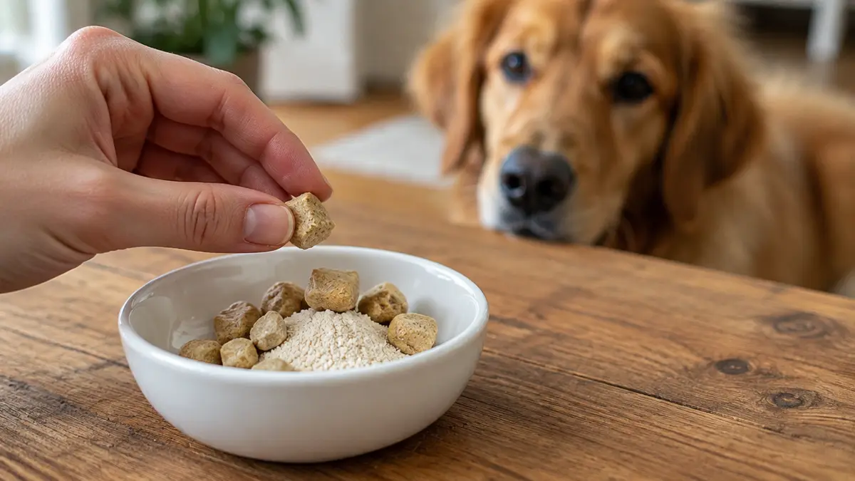 Schale mit kleinen Ergänzungsfutter-Snacks auf einem Holztisch, Hund im Hintergrund (Illustration)