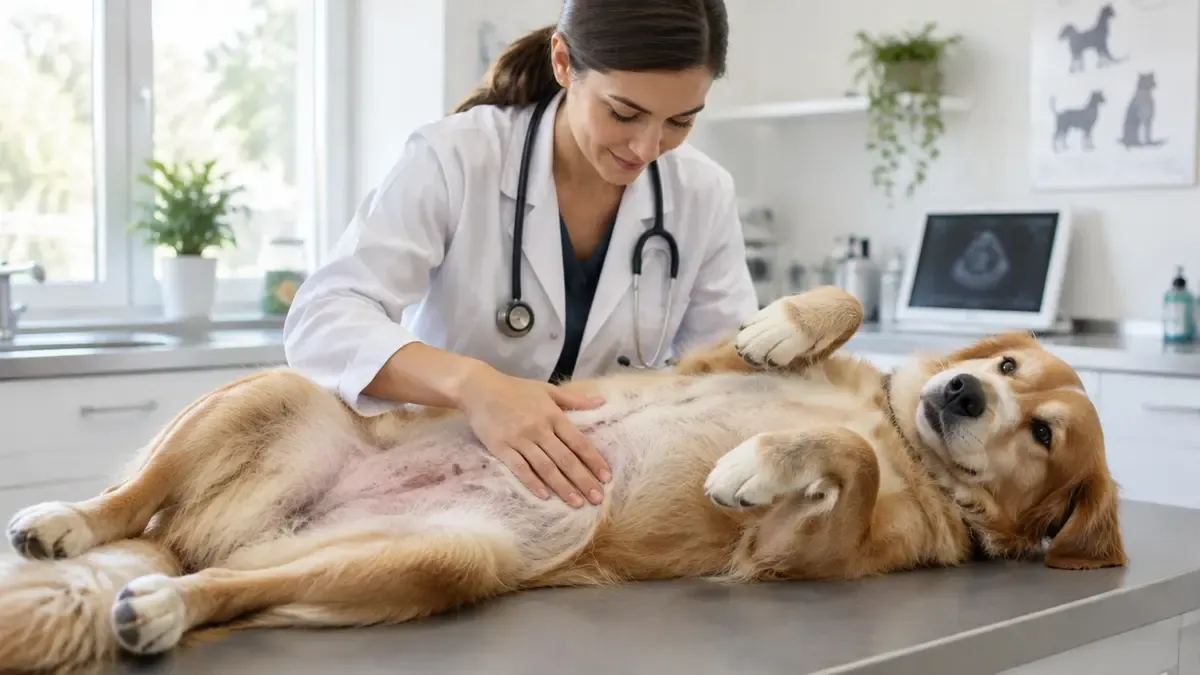 Tierärztin untersucht den Bauch eines Hundes (Illustration)