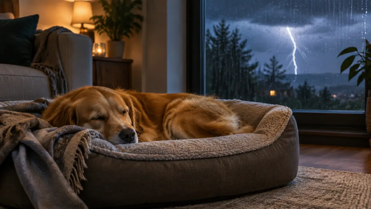 Hund schläft ruhig in einem Hundebett im Wohnzimmer (Illustration)
