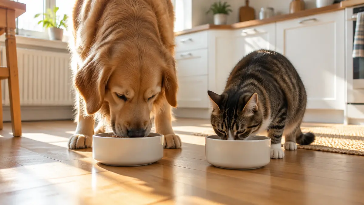 Katze und Hund fressen aus Näpfen in einer Küche, Illustration