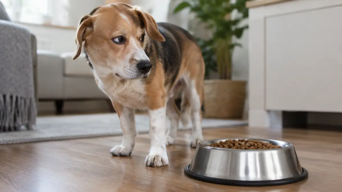 Hund wartet vor einem Napf mit neuem Futter, Illustration