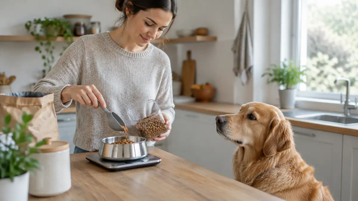 Futter wird für einen Hund abgewogen, Illustration