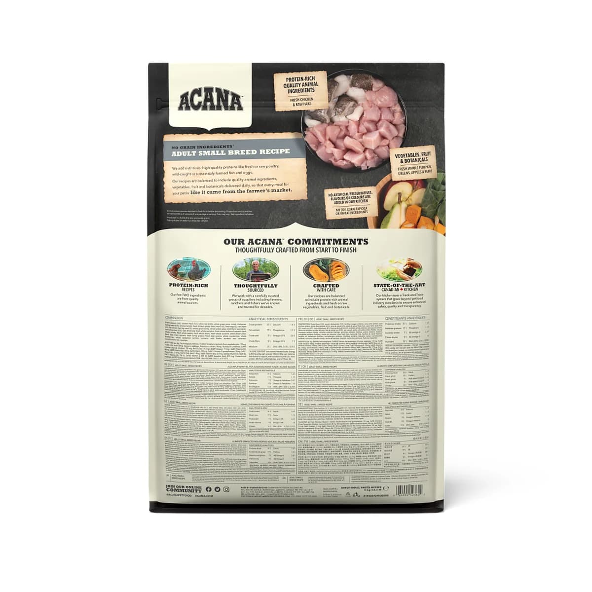 Rückseite der Packung ACANA Adult Small Breed Recipe mit Zusammensetzung, analytischen Bestandteilen und Zutatenbildern