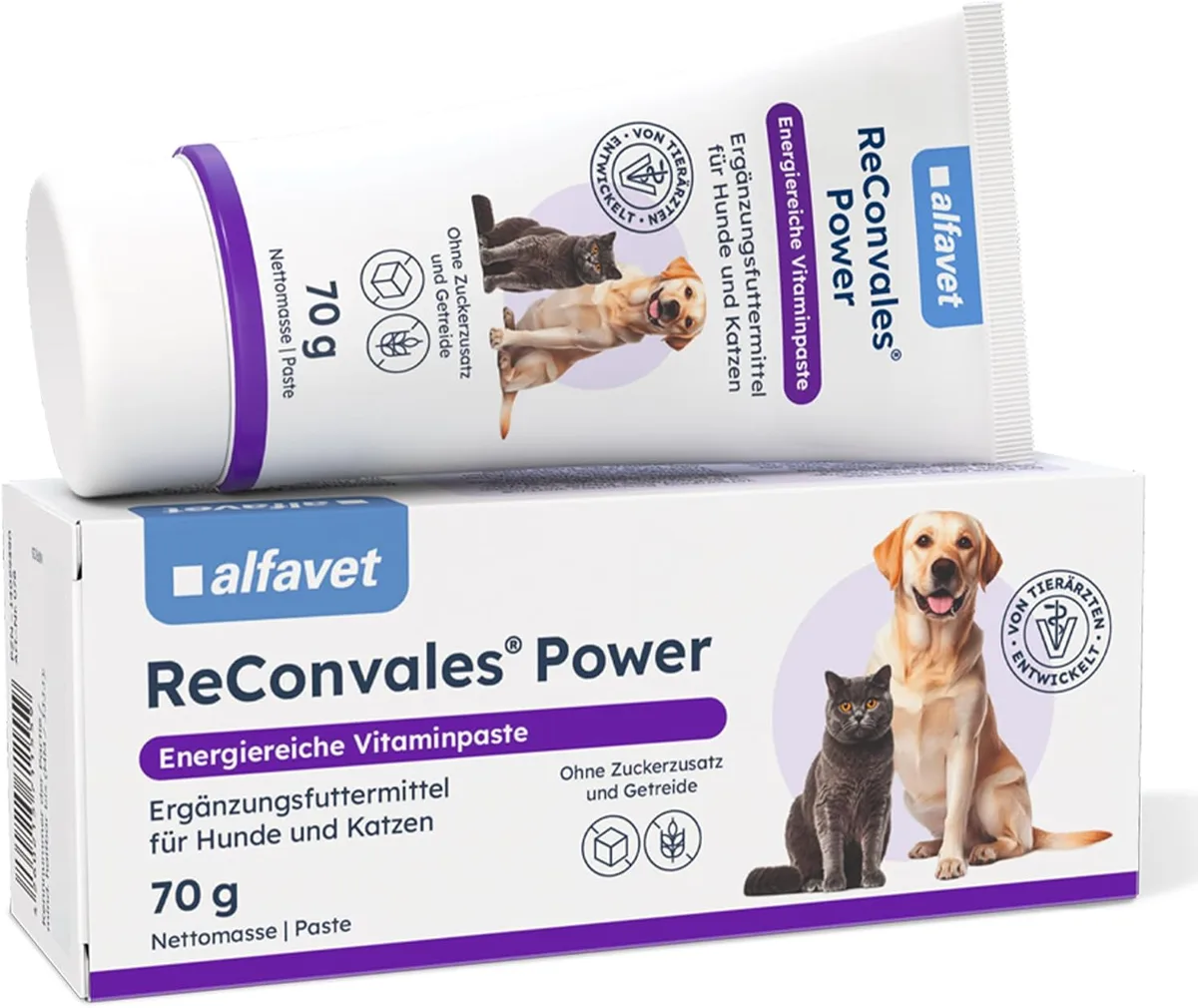 Tube und Faltschachtel ReConvales Power 70 g, Ergänzungsfuttermittel für Hunde und Katzen, mit Siegel „Von Tierärzten entwickelt“