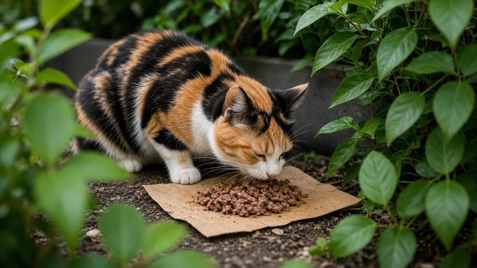 Dreifarbige Katze frisst zwischen Pflanzen Futter von einem Stück Papier – Symbolbild (KI-generiert)