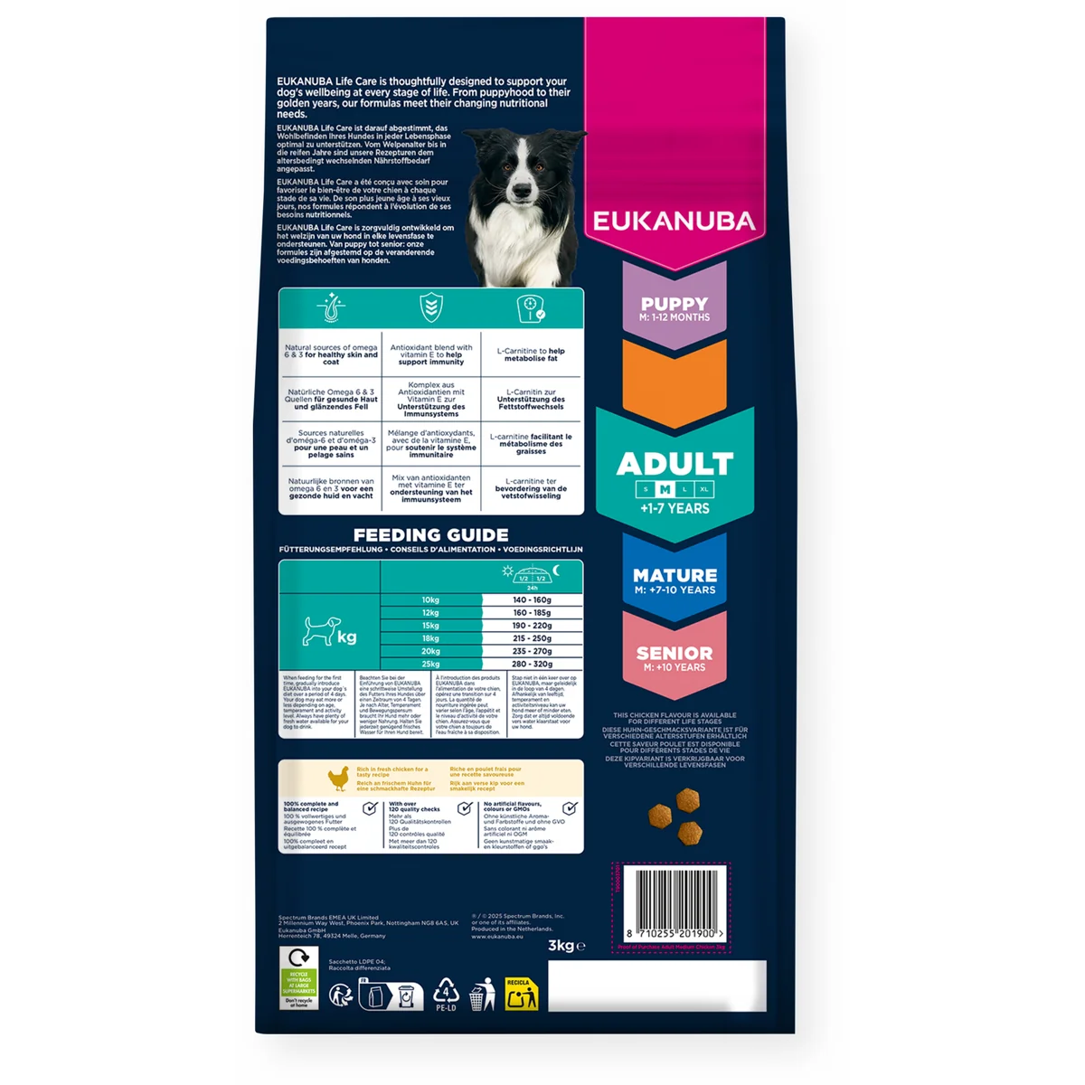Rückseite der 3-kg-Packung Eukanuba Adult Medium mit frischem Huhn: Fütterungstabelle, Nährstoffhinweise und Kroketten