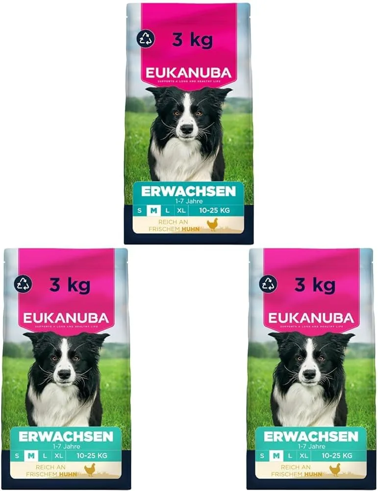 Drei 3-kg-Packungen Eukanuba Erwachsen, mittelgroße Rassen 10–25 kg, reich an frischem Huhn