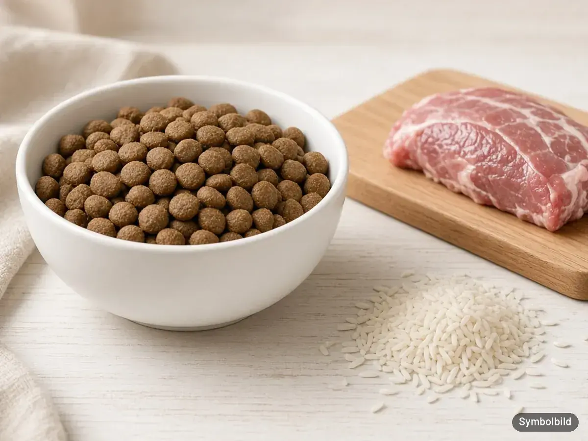 Trockenfutter-Kroketten im weißen Napf, daneben Lammfleisch und Reis – Symbolbild zum Test Happy Dog NaturCroq Lamm & Reis