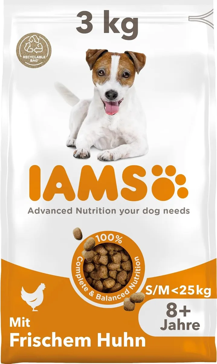Vorderseite der 3-kg-Packung IAMS Senior mit frischem Huhn, S/M unter 25 kg, 8+ Jahre