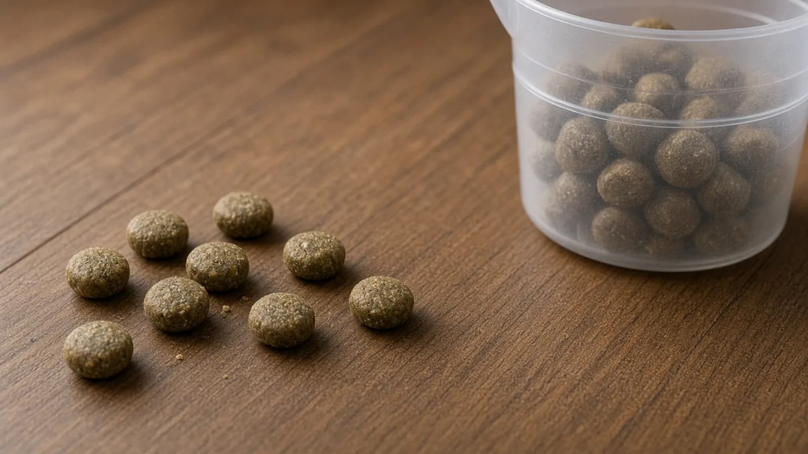 Einige Pellets kaltgepresstes Hundefutter auf einem Holzboden neben einem Messbecher – Symbolbild (KI-generiert)