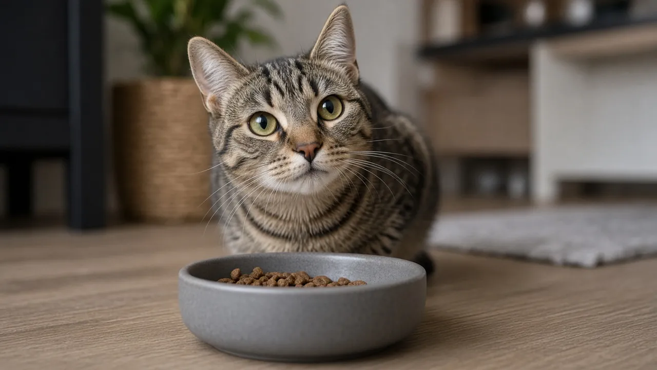 Symbolbild: Katze blickt von ihrem Futternapf auf – Nahrungsergänzung für Katzen beginnt mit dem Alleinfutter im Napf – Symbolbild (KI-generiert)