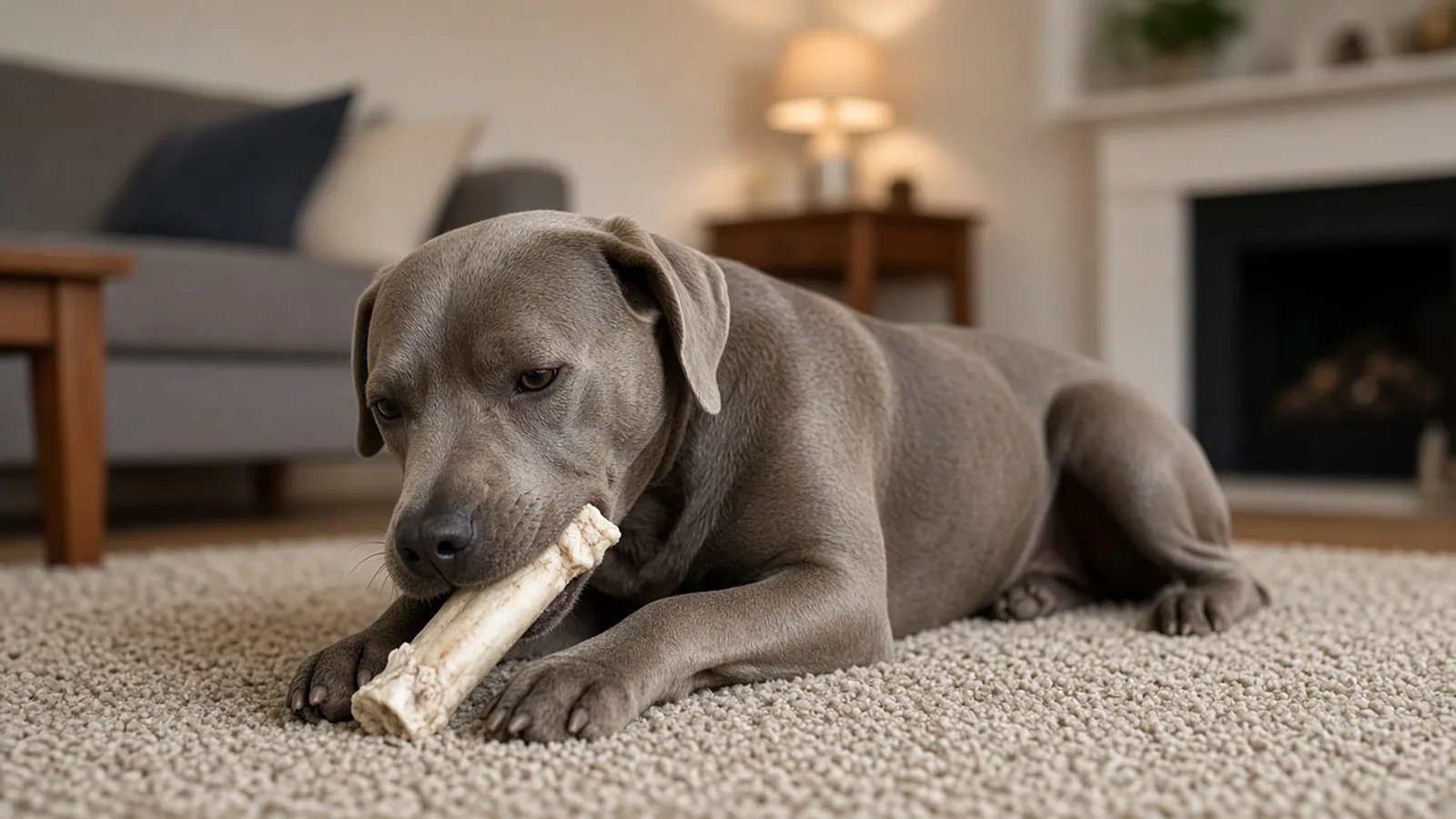 Grauer Hund liegt auf einem Teppich und kaut auf einem hellen Kauknochen – Symbolbild (KI-generiert)