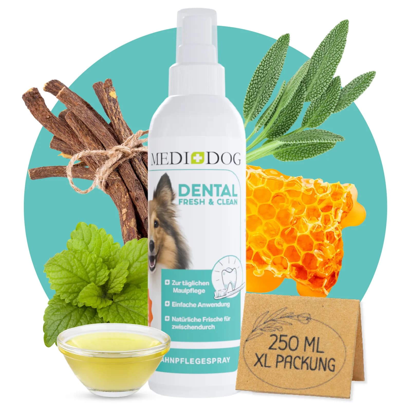 Sprühflasche Medidog Dental Fresh & Clean, 250 ml, mit Zutaten (Bild: Hersteller)