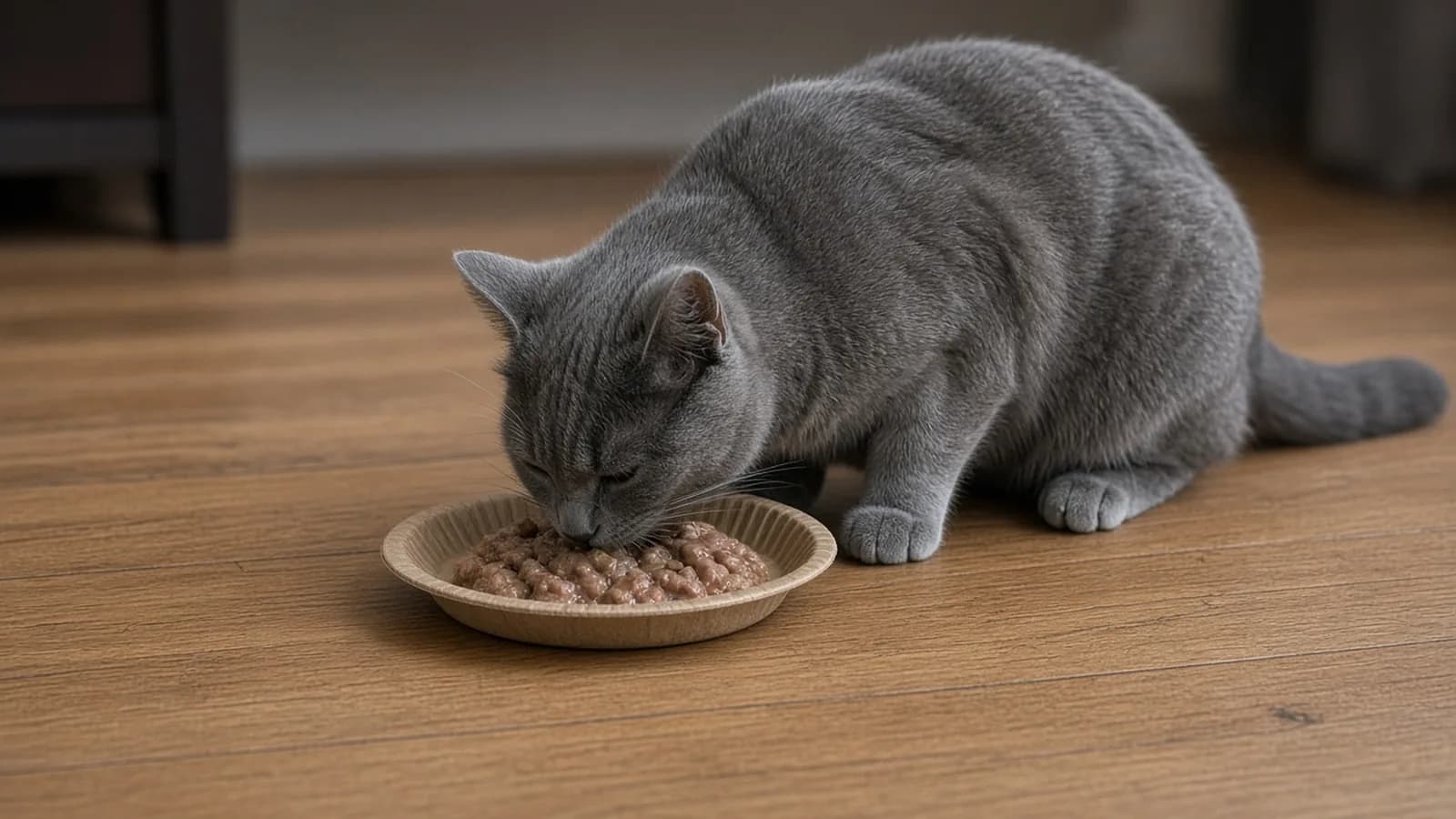 Graue Katze frisst auf einem Holzboden Nassfutter von einem Pappteller – Symbolbild (KI-generiert)