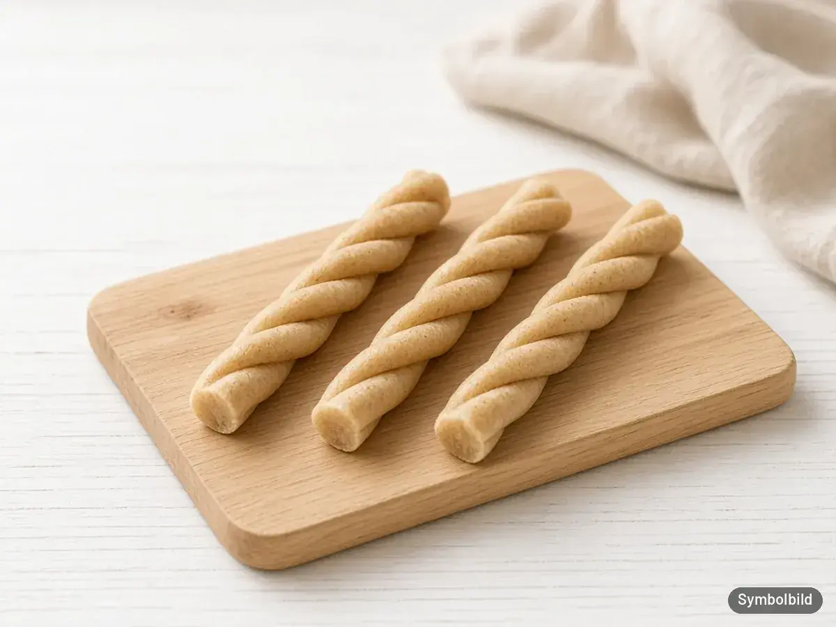 Drei gedrehte Zahnpflege-Kausnacks für Hunde auf einem Holzbrett – Symbolbild zum Test Pedigree Dentastix Daily Oral Care Medium