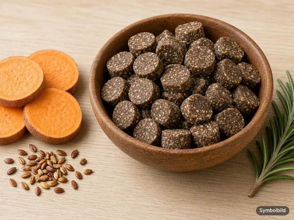 Symbolbild: Holzschale mit kleinen braunen Leckerli-Drops neben Süßkartoffelscheiben, Leinsamen und Rosmarin – nicht die Originalverpackung der Tierliebhaber Goodie Drops