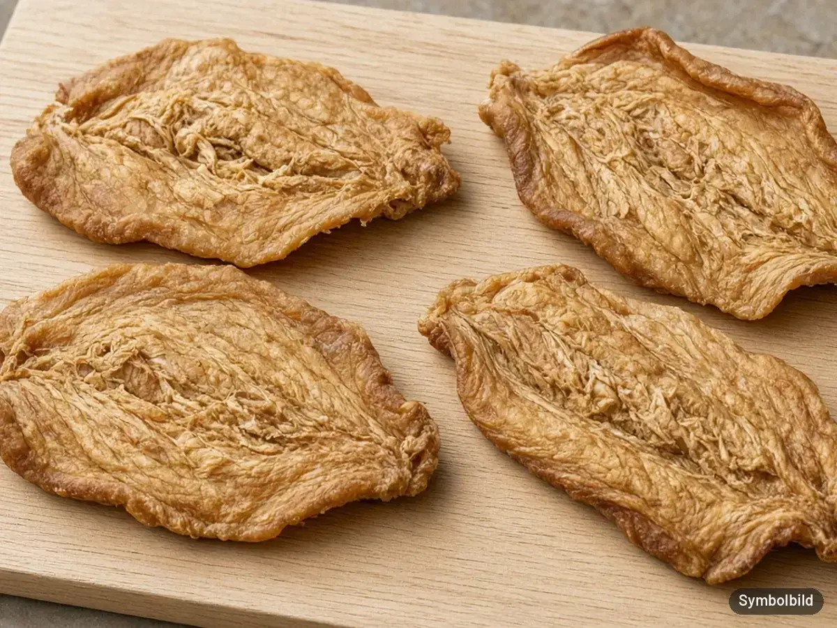 Symbolbild: Vier getrocknete Hähnchenbrustfilets auf einem Holzbrett – nicht die Originalverpackung des Tierliebhaber Hähnchenbrustfilets