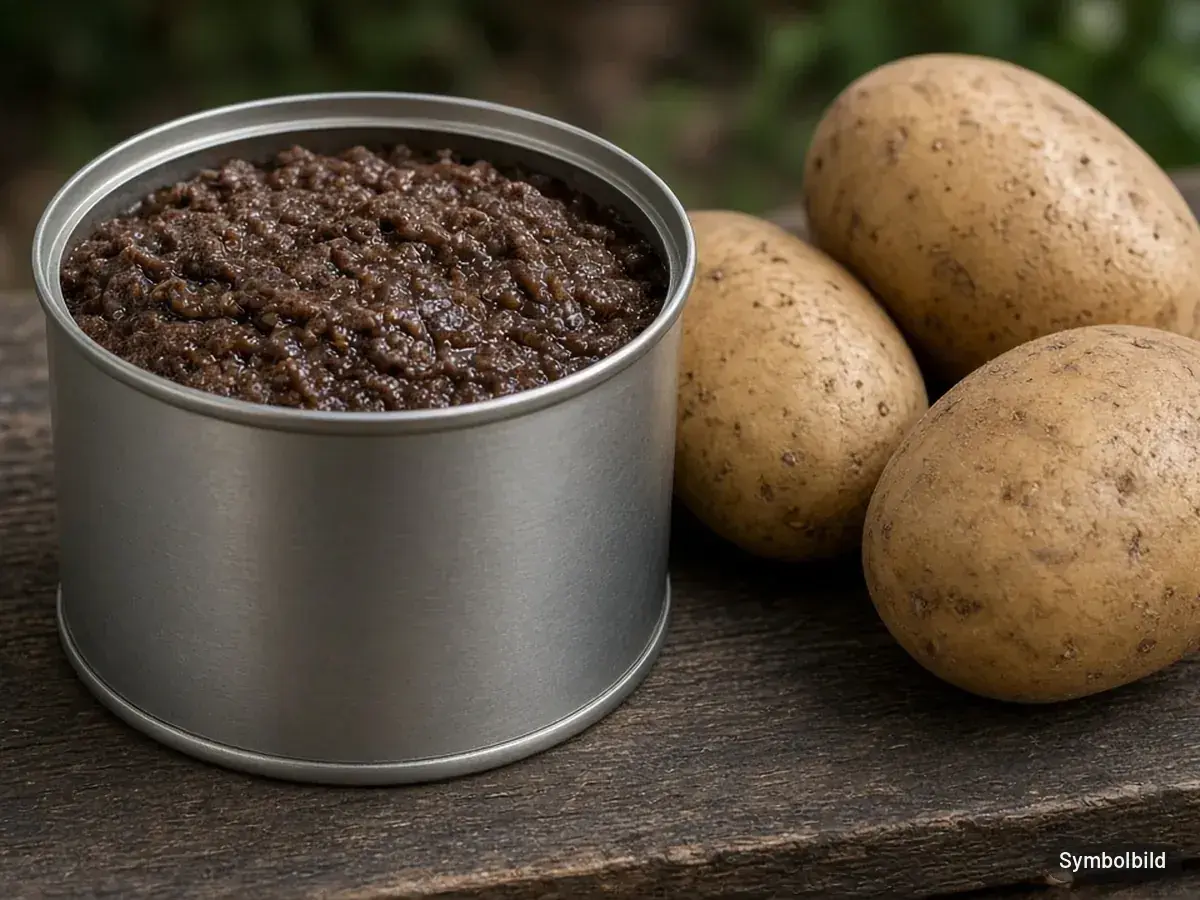 Symbolbild: geöffnete unbeschriftete Futterdose mit dunklem Nassfutter neben Kartoffeln – nicht die Originalverpackung