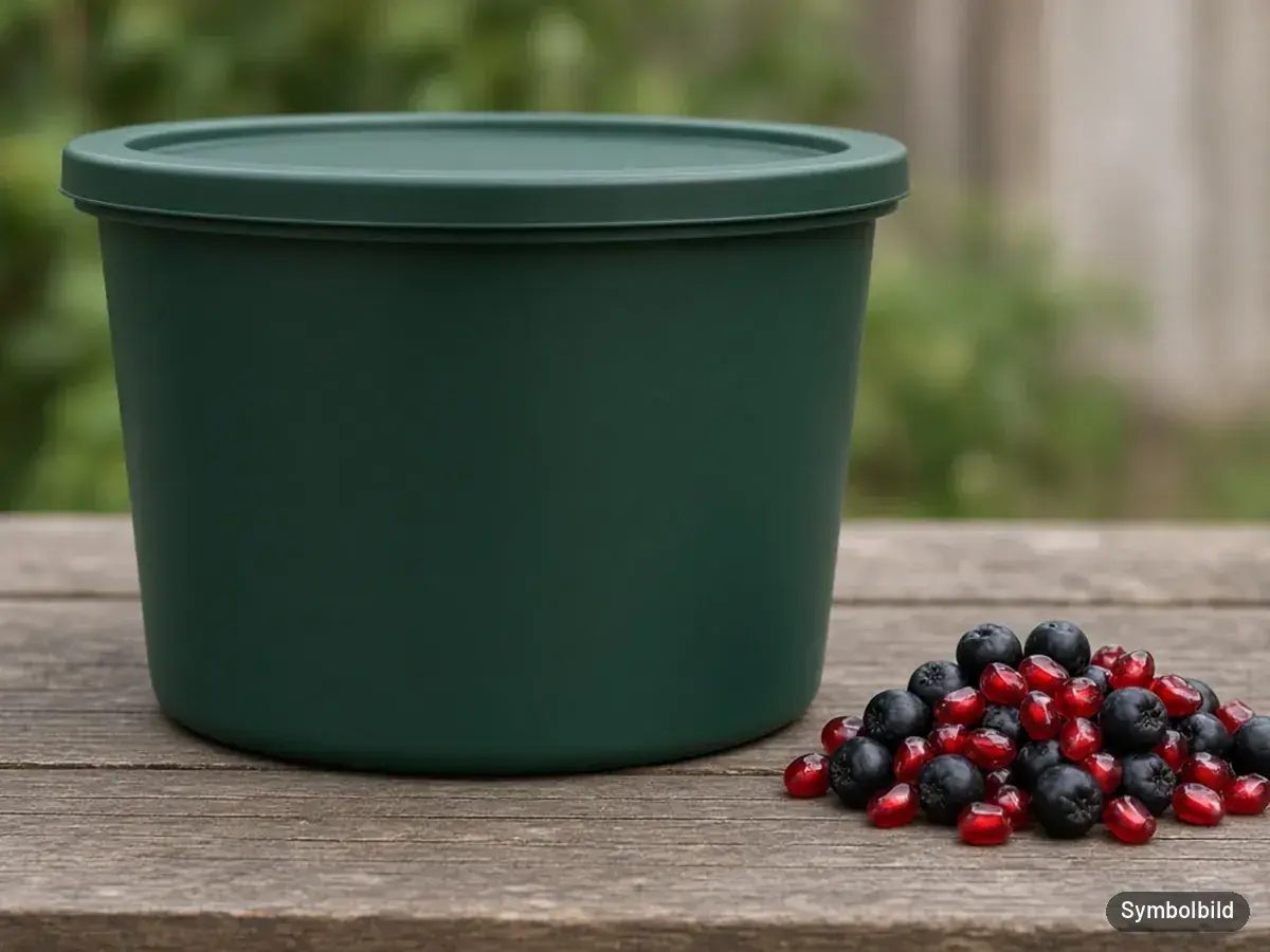 Symbolbild: unbeschriftete dunkelgrüne Dose neben Aroniabeeren und Granatapfelkernen – nicht die Originalverpackung der Tierliebhaber Senior Drops