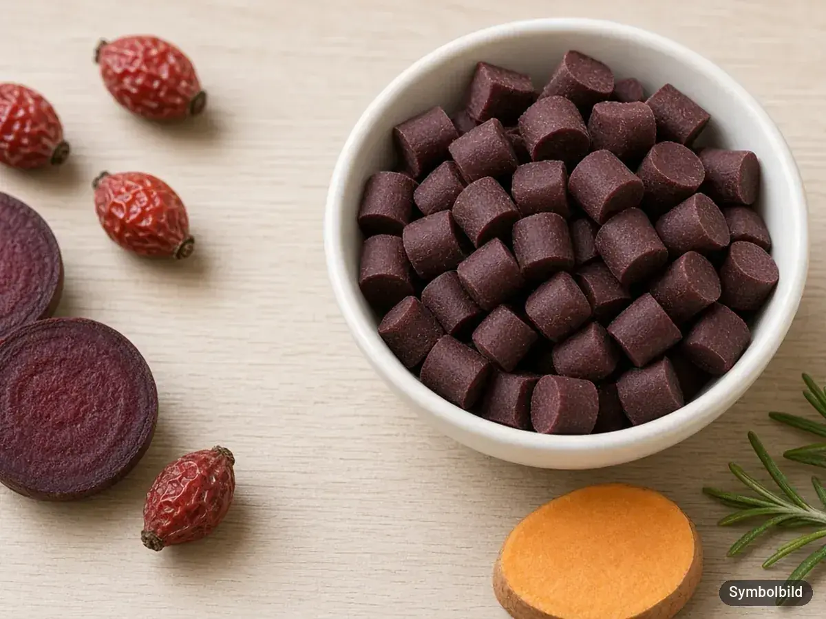 Symbolbild: Schale mit rotbraunen Leckerli-Drops neben Roter Bete, Hagebutten, Süßkartoffel und Rosmarin – nicht die Originalverpackung der Tierliebhaber Snackie Drops