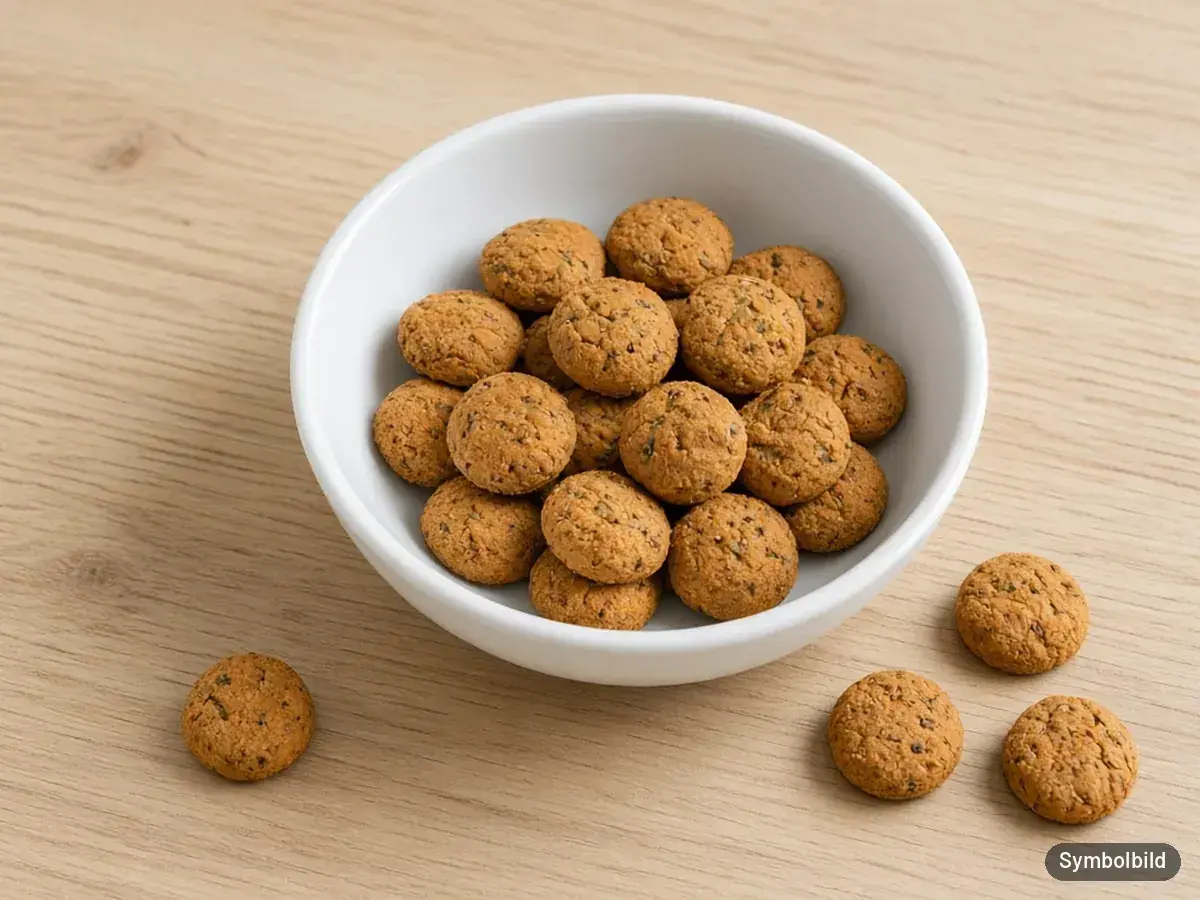 Symbolbild: Napf mit kleinen runden Hundesnack-Drops auf Süßkartoffelbasis – nicht die Originalverpackung der Tierliebhaber Harn- und Nieren Drops