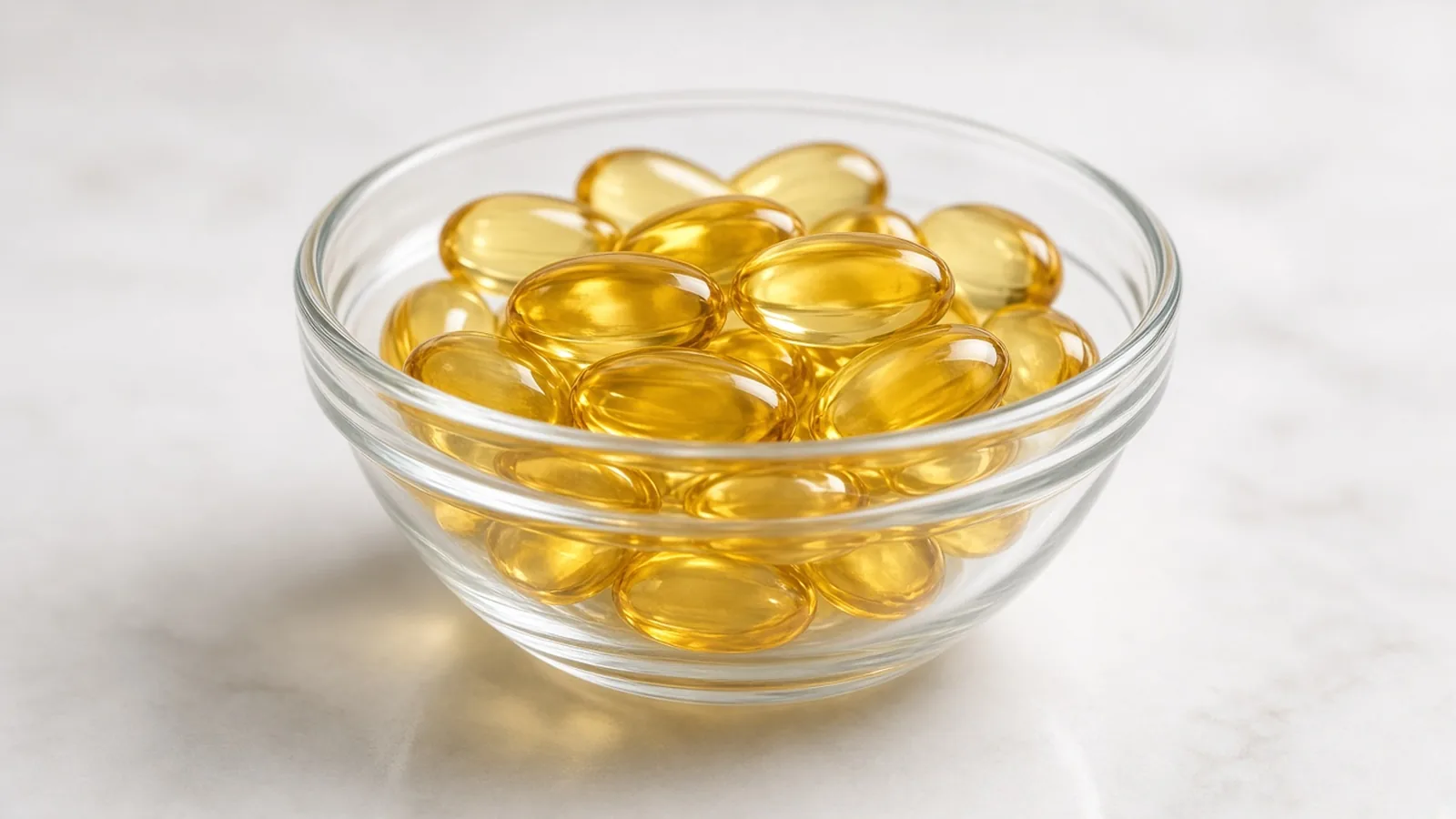 Symbolbild: Vitamin-Weichkapseln in einer Glasschale – Symbolbild (KI-generiert)