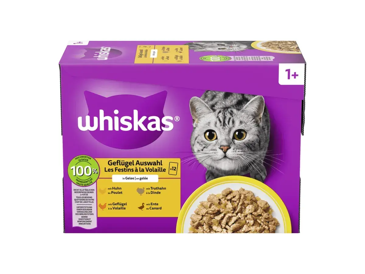 Packung Whiskas 1+ Geflügel Auswahl in Gelee mit Portionsbeuteln (Bild: Hersteller)