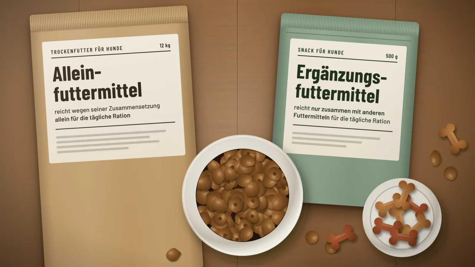 Ein Trockenfutterbeutel mit der Aufschrift ‚Alleinfuttermittel‘ und ein Snackbeutel mit ‚Ergänzungsfuttermittel‘, davor ein voller Futternapf und ein Schälchen mit Hundekeksen
