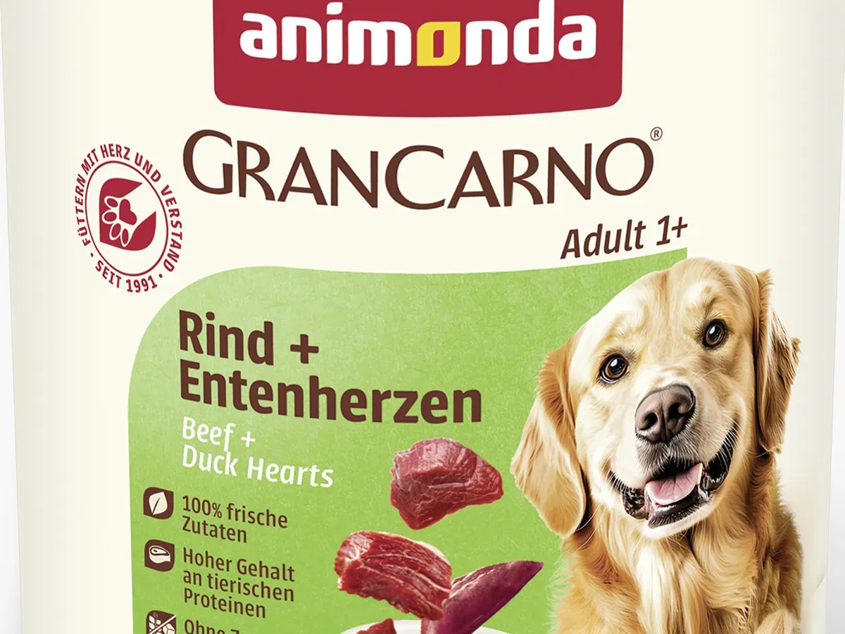 Ausschnitt des Etiketts von GranCarno Adult Rind + Entenherzen (Bild: Hersteller)