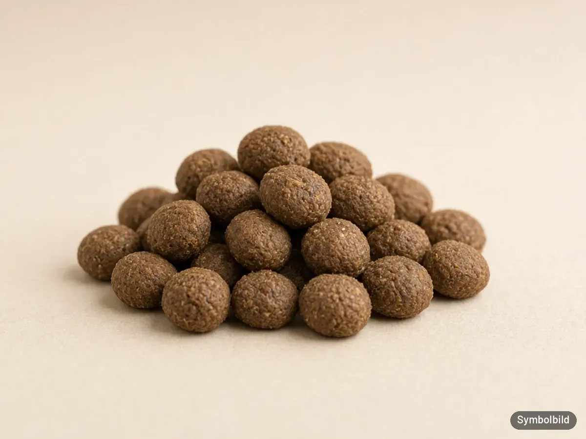 Nahaufnahme brauner Trockenfutter-Kroketten auf hellem Untergrund – Symbolbild zum Test Belcando Adult GF Beef