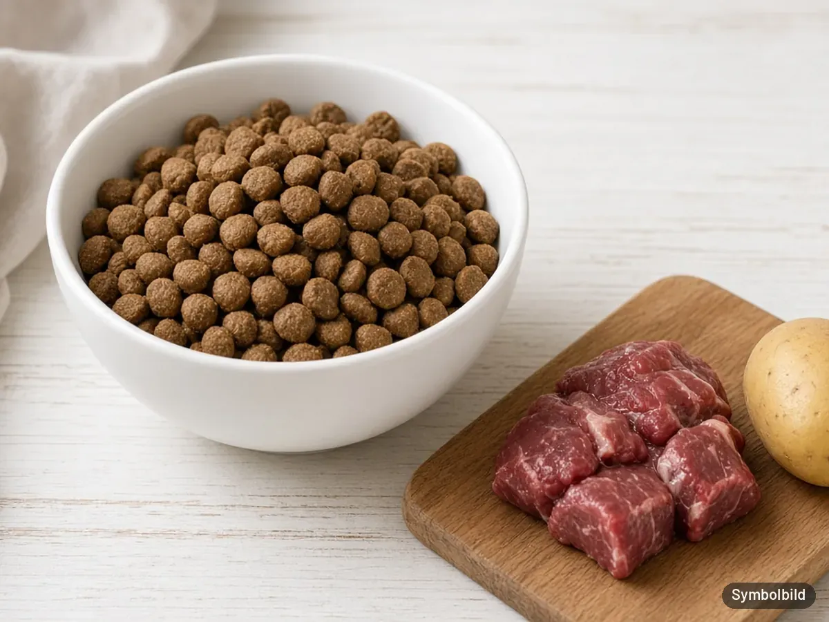 Trockenfutter-Kroketten im weißen Napf, daneben Rindfleisch und Kartoffeln – Symbolbild zum Test Belcando Adult GF Beef