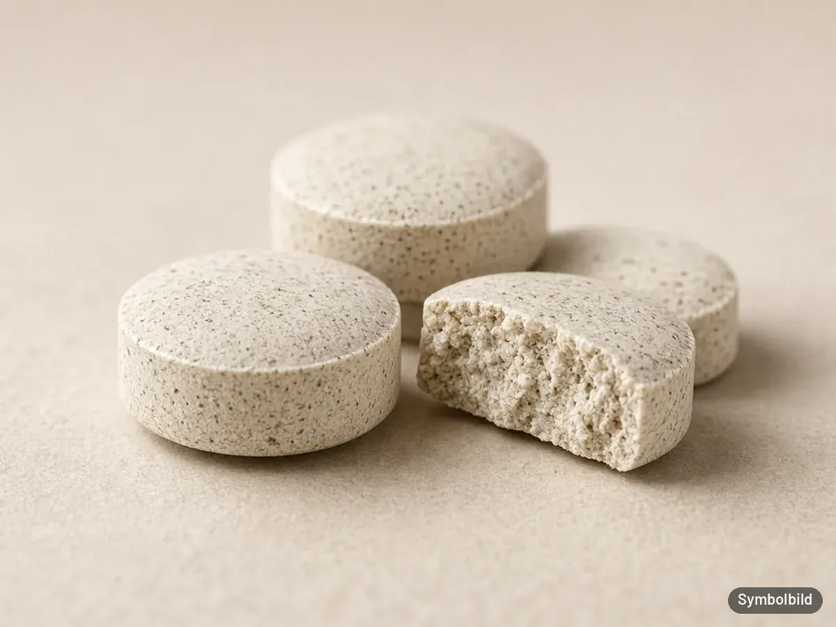Nahaufnahme runder Ergänzungsfutter-Tabletten, eine davon halbiert – Symbolbild zum Test Canina PETVITAL GAG Tabletten