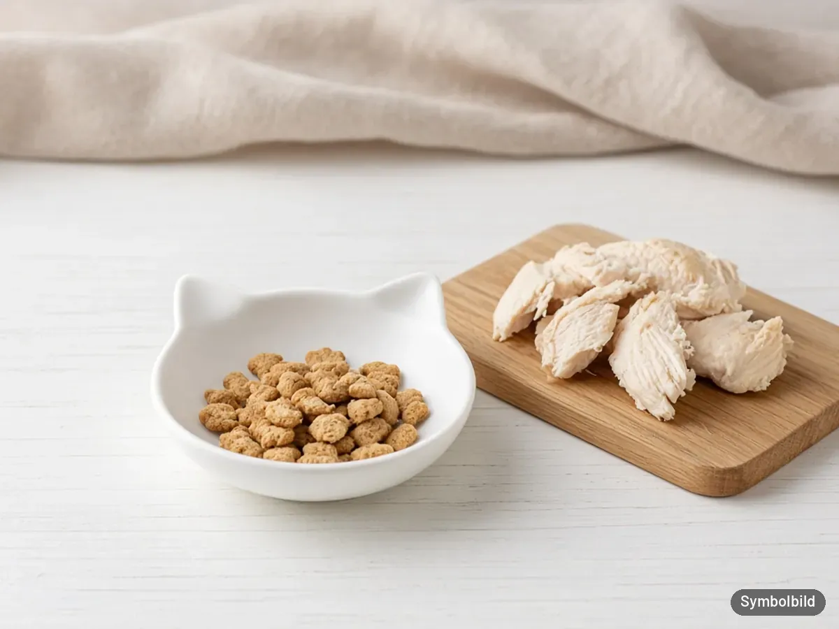 Knusprige Katzensnacks im weißen Katzennapf, daneben gegartes Hühnerfleisch – Symbolbild zum Test Dreamies mit Huhn