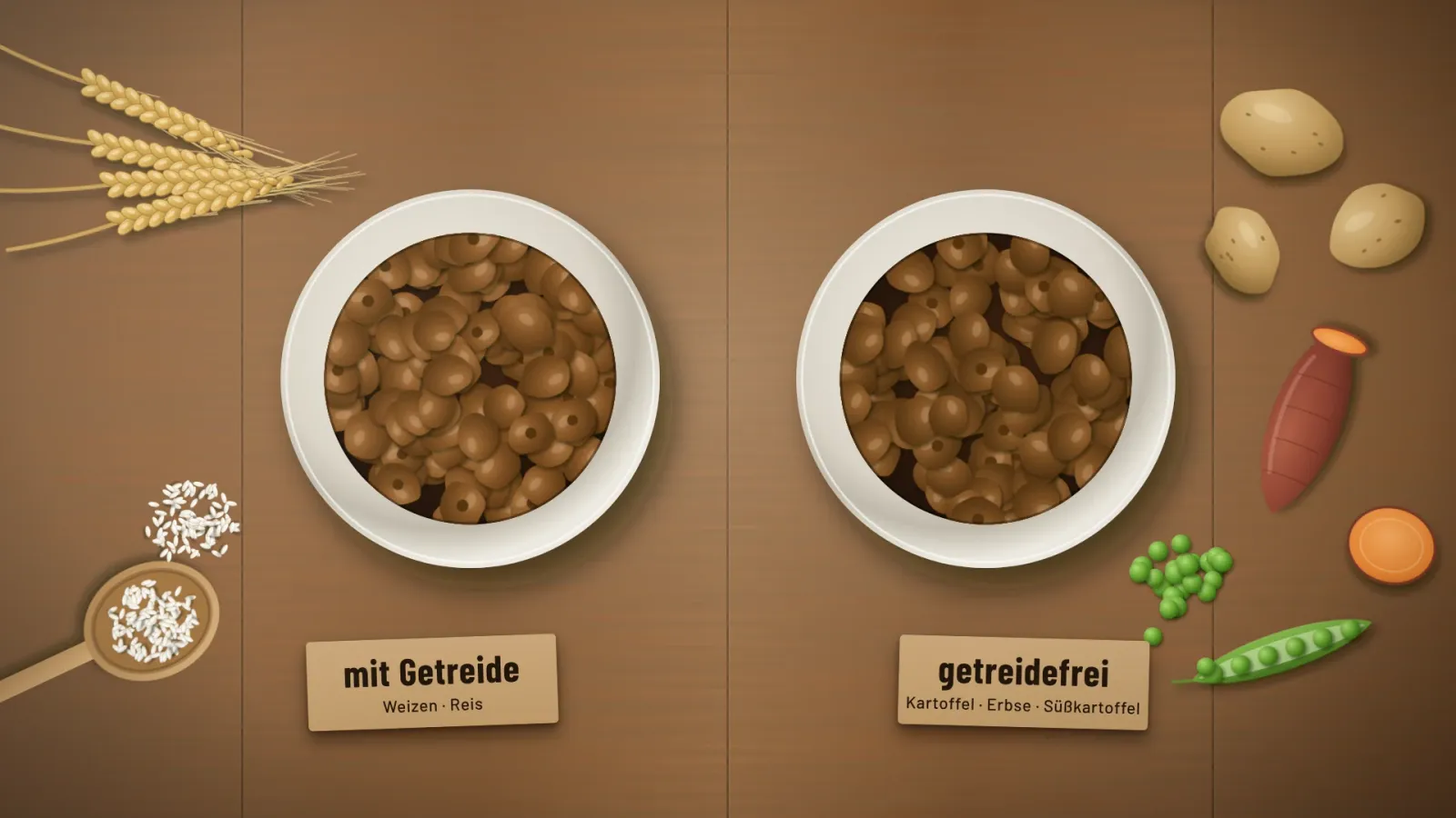 Zwei Näpfe mit Trockenfutter auf einem Holztisch, links beschriftet ‚mit Getreide‘ neben Weizenähren und Reis, rechts ‚getreidefrei‘ neben Kartoffeln, Süßkartoffel und Erbsen
