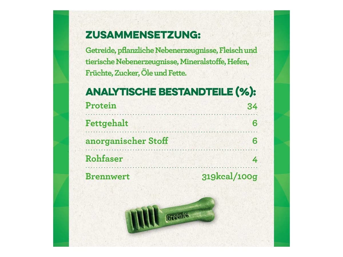 Greenies Zahnpflege-Snack mit deutscher Zusammensetzung und analytischen Bestandteilen (Bild: Hersteller)