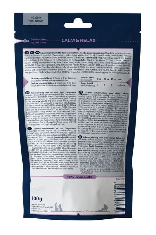 Rückseite der Packung Happy Dog Care Snack Calm & Relax mit Zusammensetzung, Analyse und Fütterungstabelle (Bild: Hersteller)