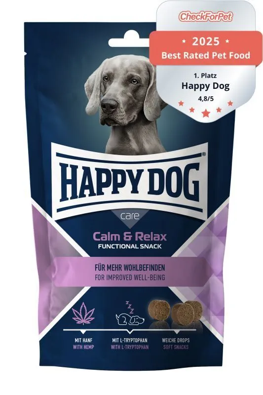 Happy Dog Care Snack Calm & Relax, Vorderseite der 100-g-Packung (Bild: Hersteller)