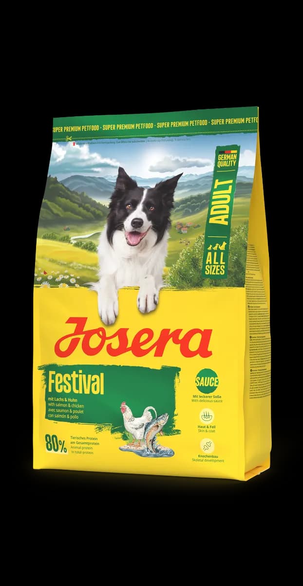 Verpackung Josera Festival Adult Trockenfutter, Seitensicht: gelber Beutel mit Border-Collie, Aufschrift Festival sowie Hinweis auf Lachs und Huhn.