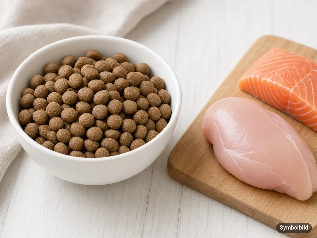Trockenfutter-Kroketten im weißen Napf, daneben Lachs und Hähnchen – Symbolbild zum Test Josera Festival