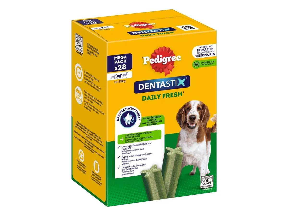 Packung Pedigree Dentastix Daily Fresh für mittelgroße Hunde, 28 Stück (Bild: Hersteller)